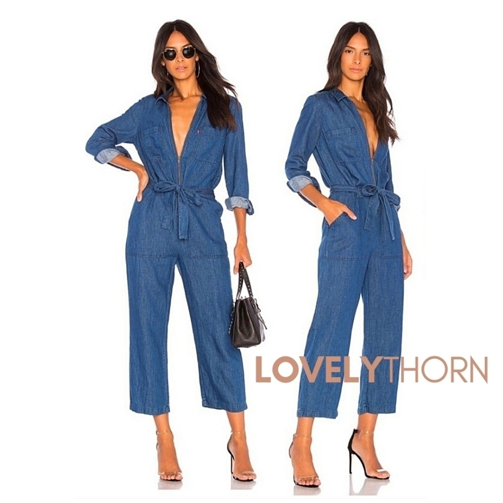 LEVI'S // ltd ed alix full zip ls belted crop lightweight denim jumpsuit